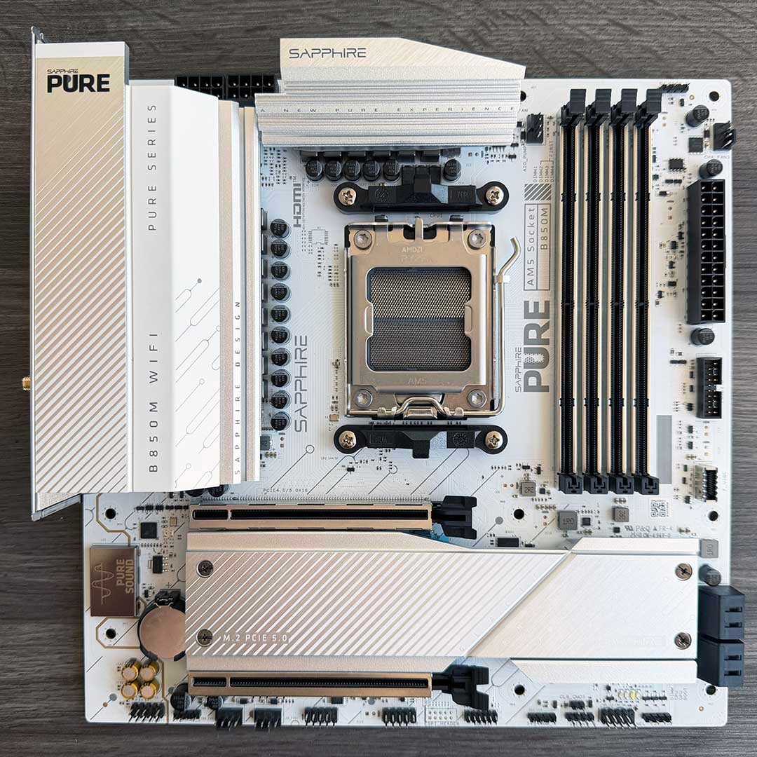 Sapphire Pure B850m motherboard lying flat