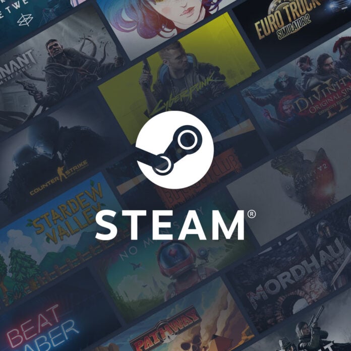 The Steam logo, superimposed over a collection of out of focus game tiles.