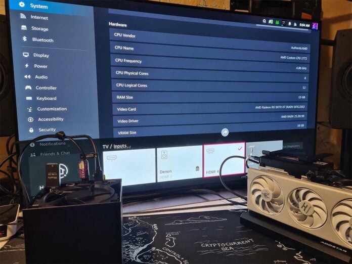 A Steam Machine (left) connected to an external graphics card (right).