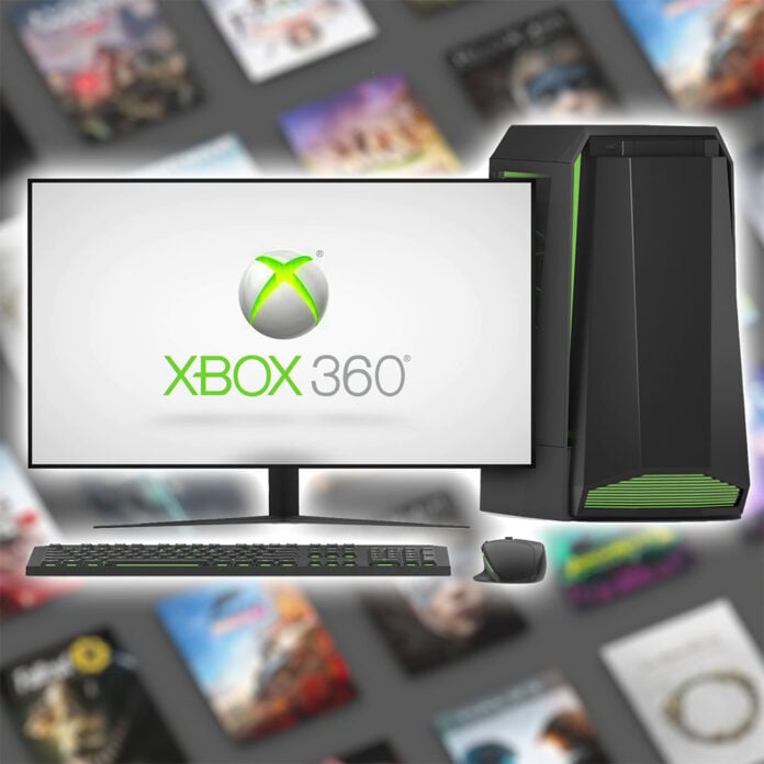 A desktop PC with a monitor displaying an Xbox 360 boot screen.