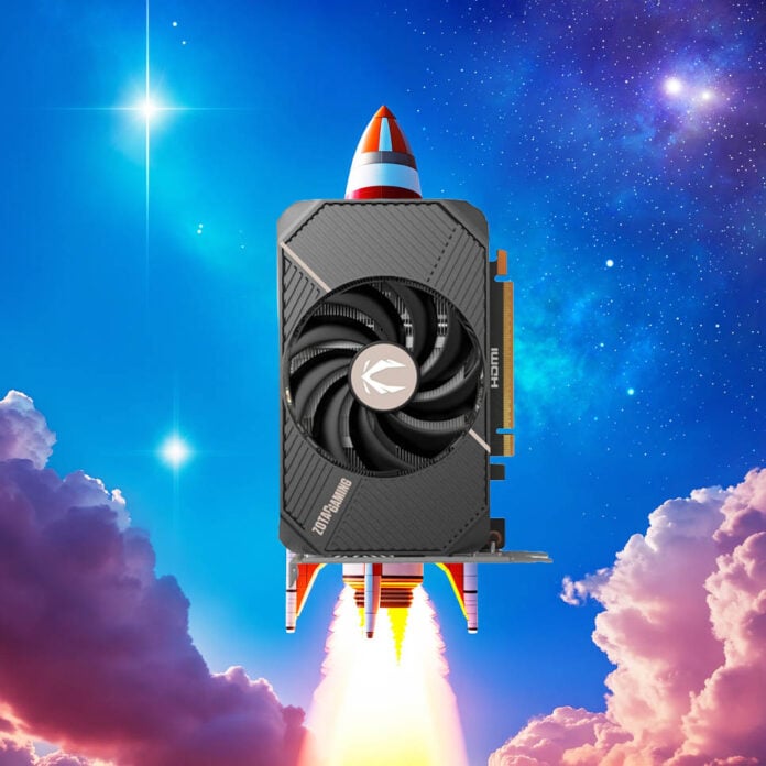 Zotac RTX 5050 graphics card on a rocket