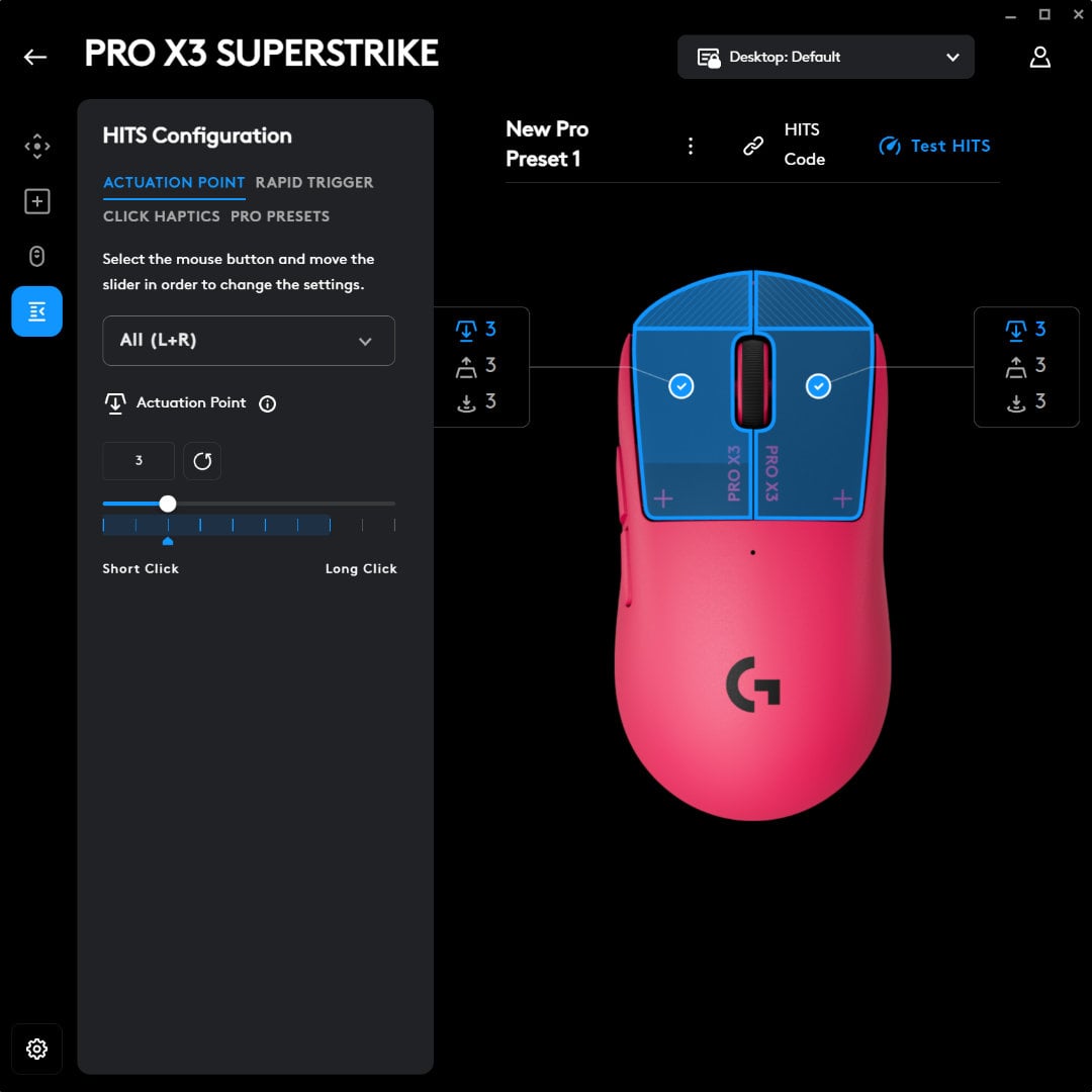 Logitech G Pro X3 Superstrike actuation point settings in software