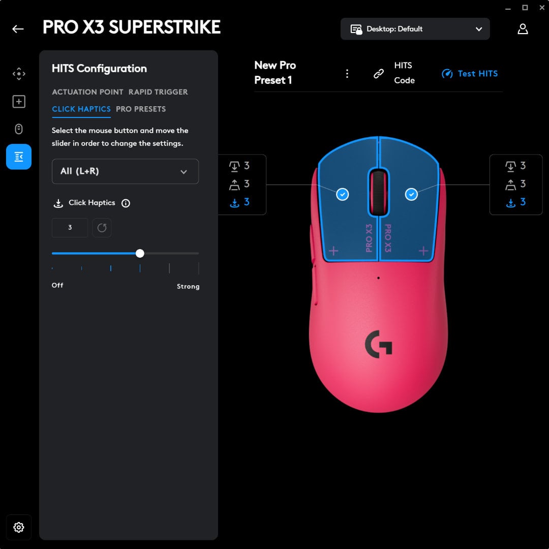 Logitech G Pro X3 Superstrike HITS configuration in software