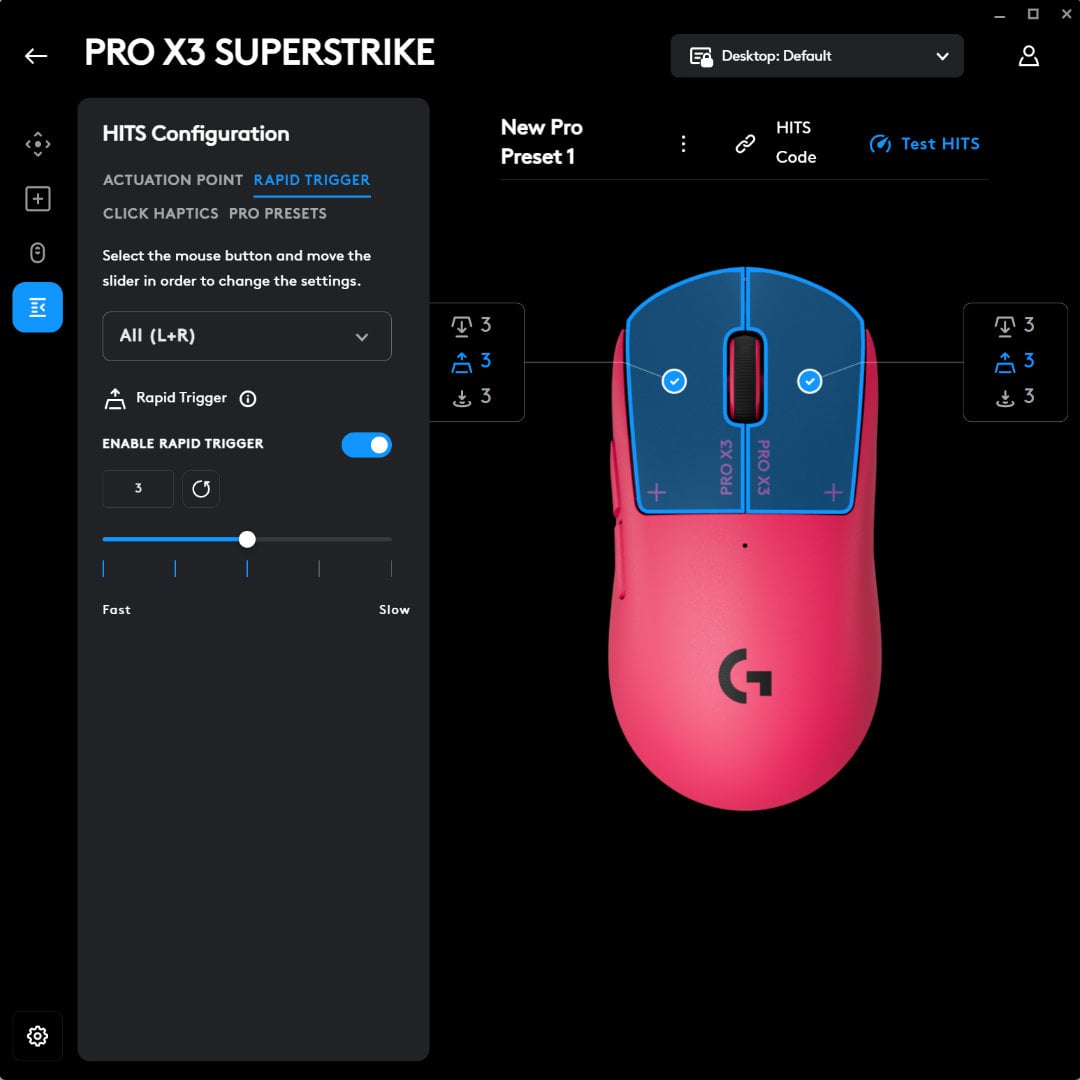 Logitech G Pro X3 Superstrike HITS rapid trigger settings in software