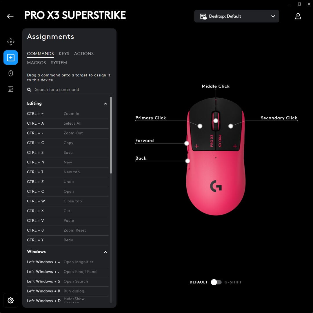Logitech G Pro X3 Superstrike assignments in software