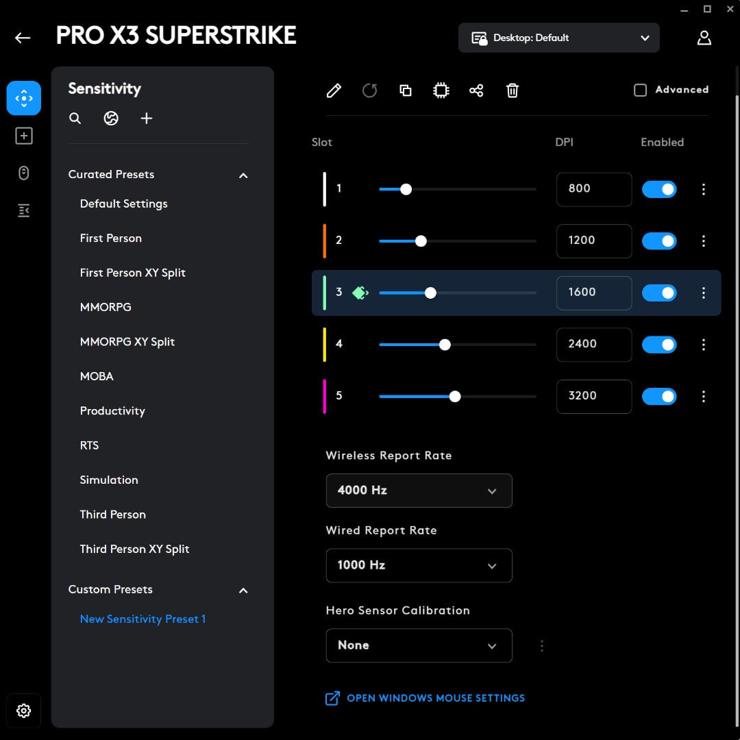 Logitech G Pro X3 Superstrike sensitivity in software