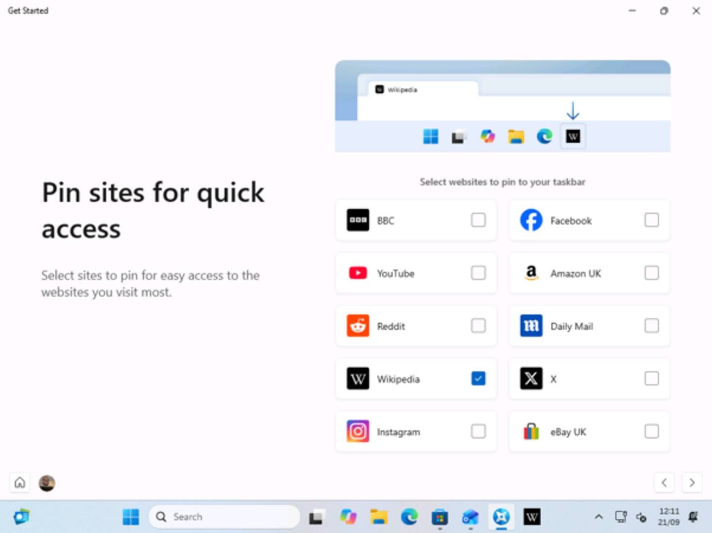 Windows 11 setup - web page pin.