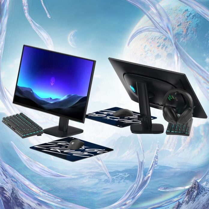 The front (left) and back (right) of the Alienware AW2527HX, surrounded by a mouse and keyboard.
