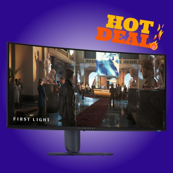 An Alienware AW3426DW monitor, against a white-purple background, with the words 'Hot Deal' floating above it.