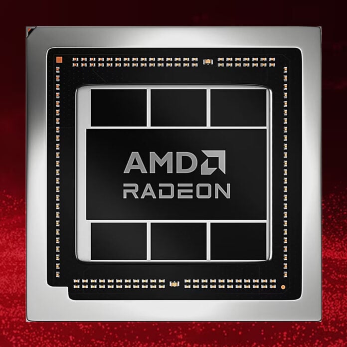 A 3D render of an AMD Raden GPU, against a red backdrop.