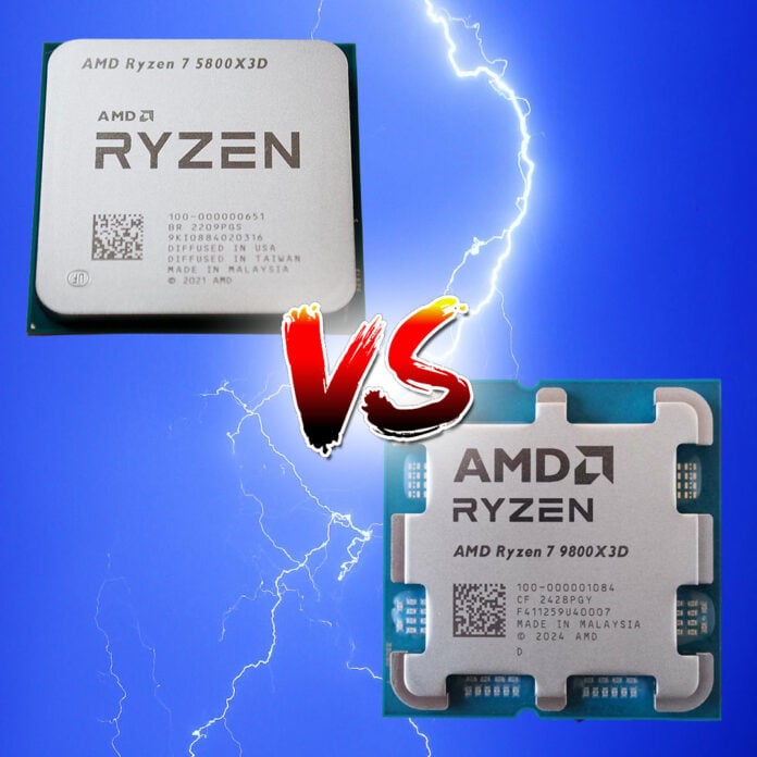 An AMD Ryzen 7 5800X3D (top left) and Ryzen 7 9800X3D (bottom right) against a stormy backdrop, separated by a 'VS' sign.