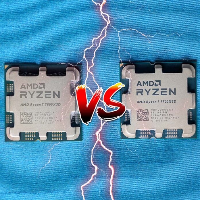 An AMD Ryzen 7 7800X3D (left) and a Ryzen 7 7700X3D (right) separated by lightning and a versus symbol.