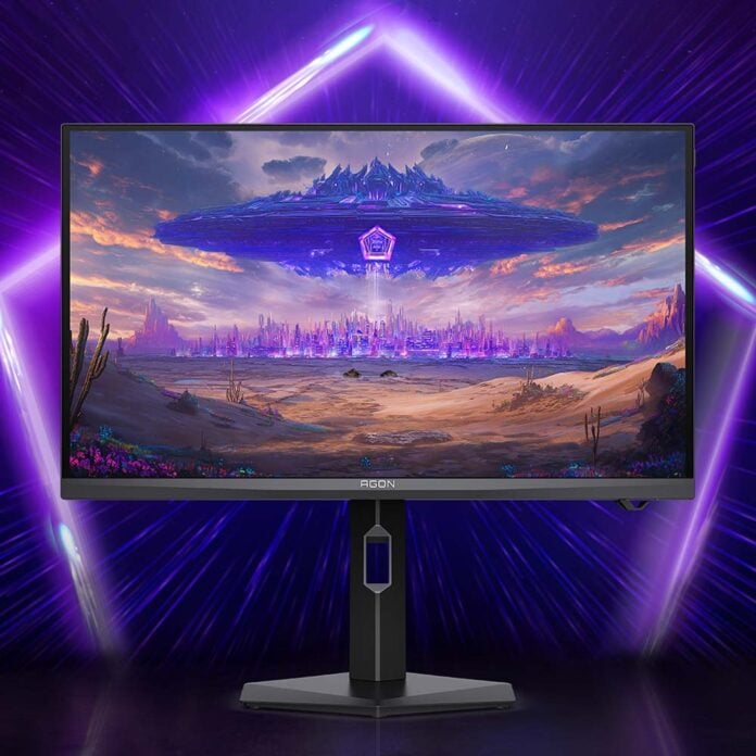 The AOC AGon Pro AGP257FT monitor, standing in front of an arch of purple light.