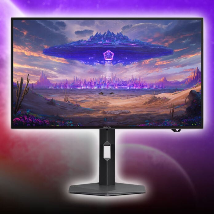 An AOC Agon Pro AGP277KXM, with a white outer glow, against a purple-pink space back drop.