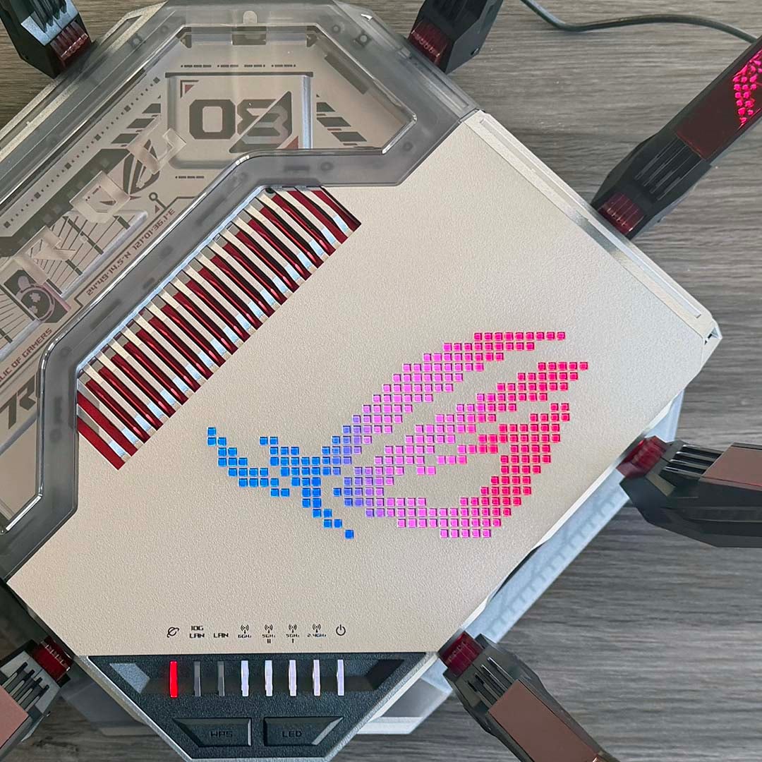 Asus ROG Rapture GT-BN98 top closeup showing lights