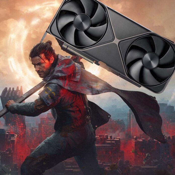 Control Resonant key art, featuring a GeForce RTX 5080 superimposed over the main character's hammer weapon.