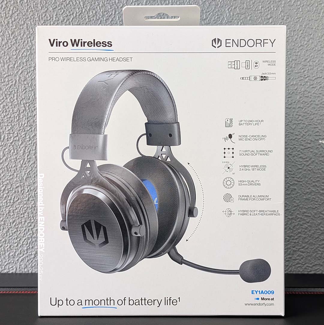 Retail packaging for the Endorfy Viro Wireless.