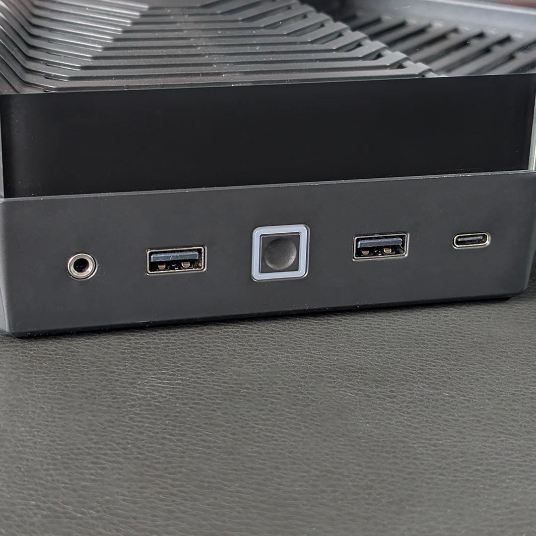 A close-up of the Hyte Y50 RGB's front connections.