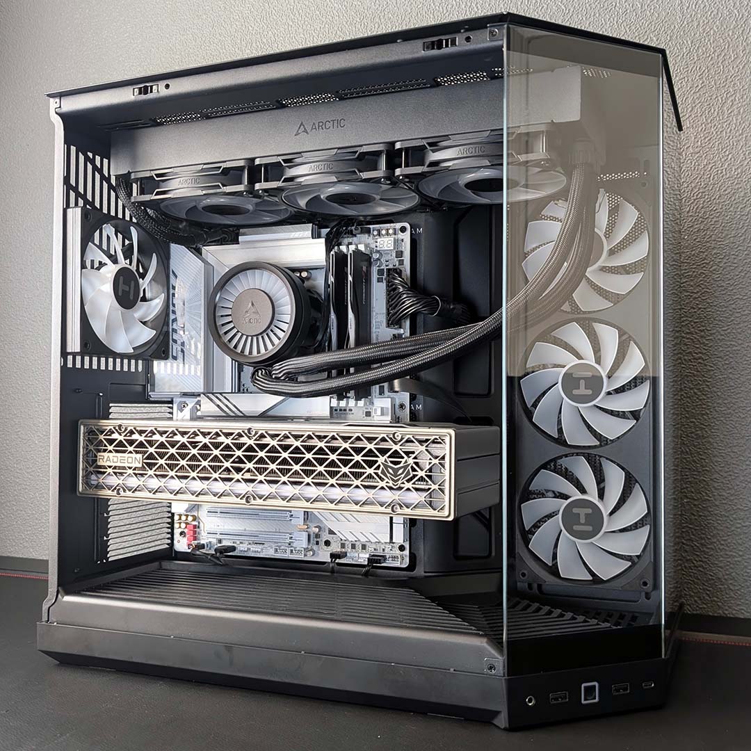 A bottom-up view of the Hyte Y50 RGB with a complete system inside it.