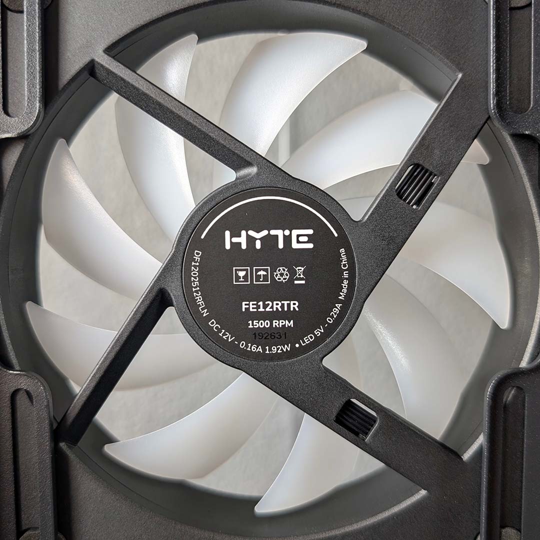 A close-up of one of the Hyte Y50 RGB's fans, rear.