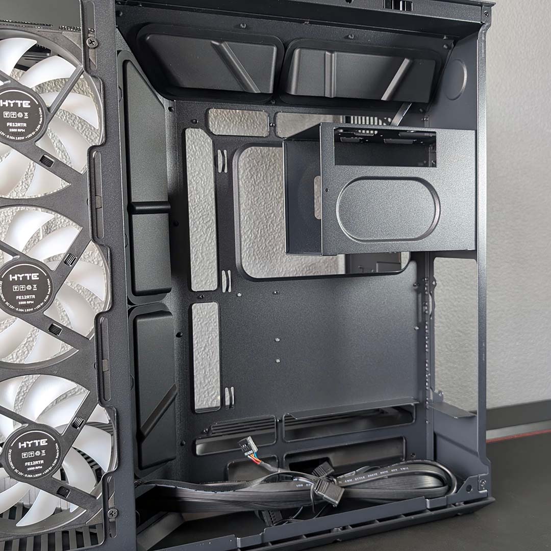The rear chamber of the Hyte Y50 RGB, 2.5/3.5in caddy included.