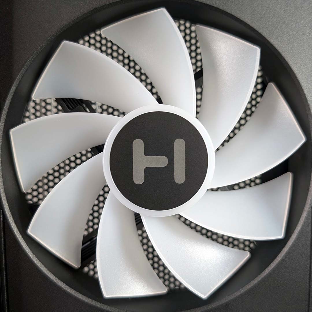 A close-up of one of the Hyte Y50 RGB's fans, front.