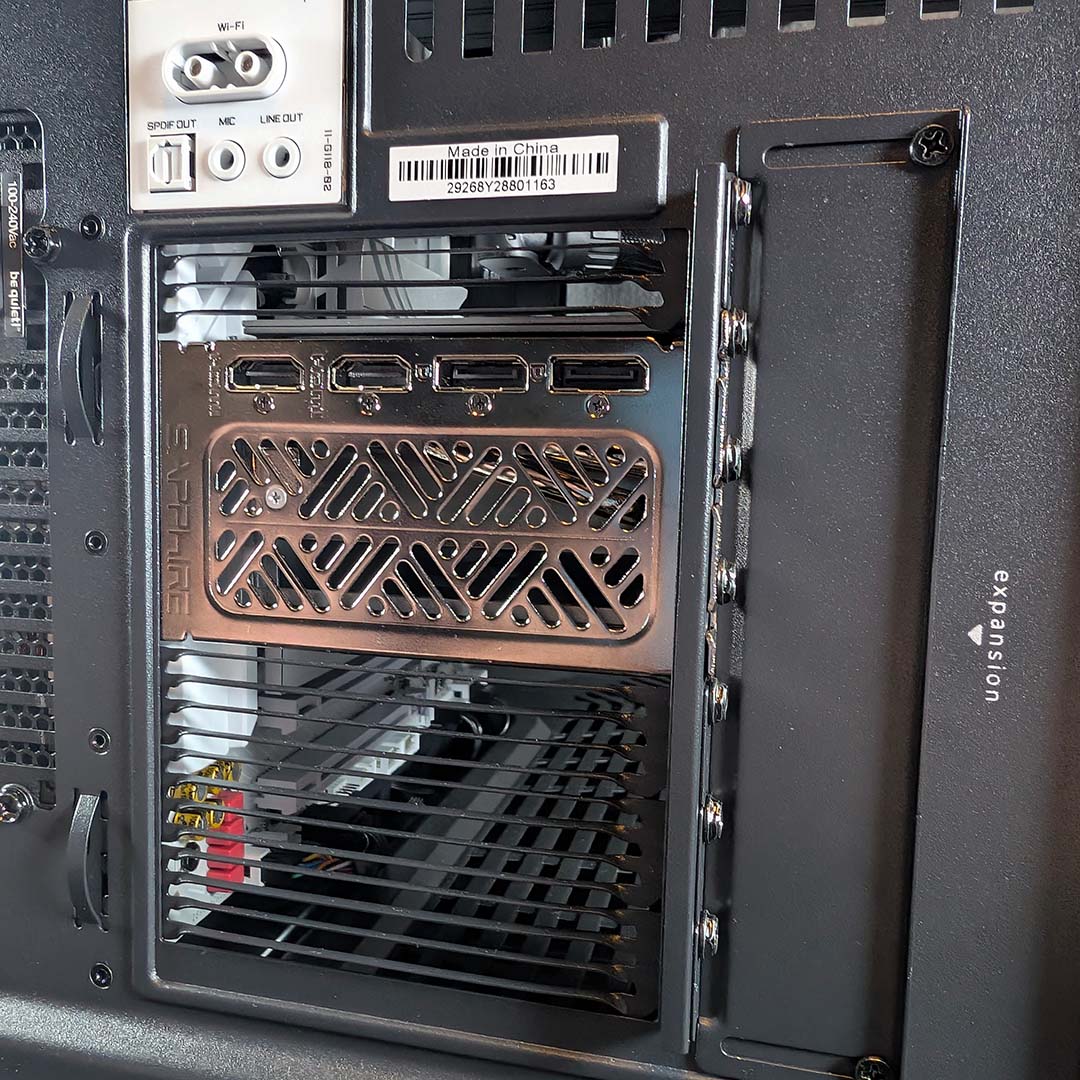 A graphics card installed into the Hyte Y50 RGB's bracket.