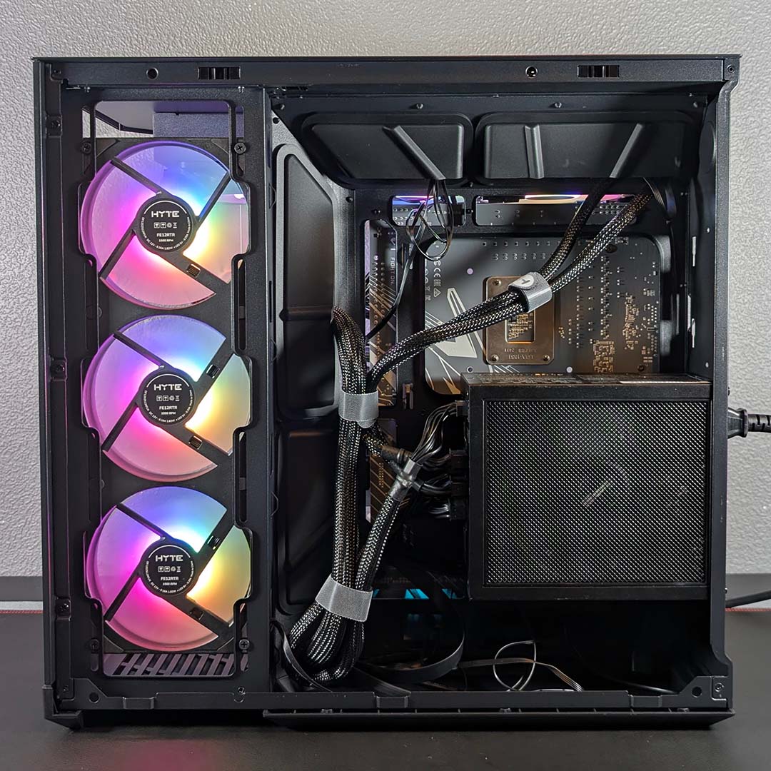 The Hyte Y50 RGB's rear chamber, with cable management.