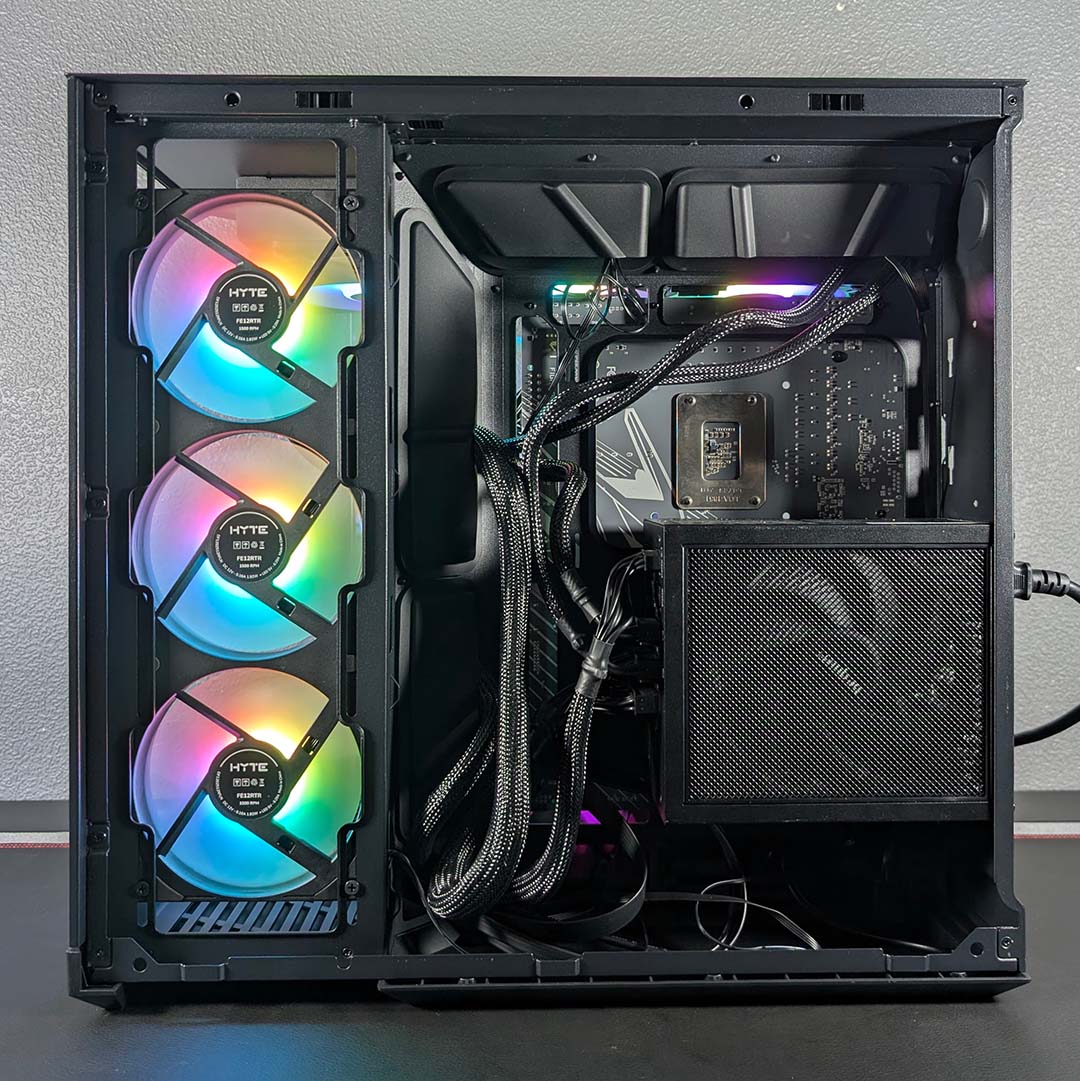 The Hyte Y50 RGB's rear chamber, no cable management.