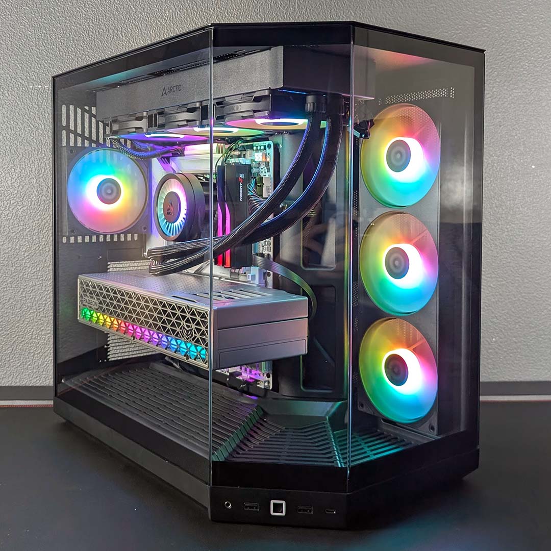 A side view of the Hyte Y50 RGB with a complete system inside.