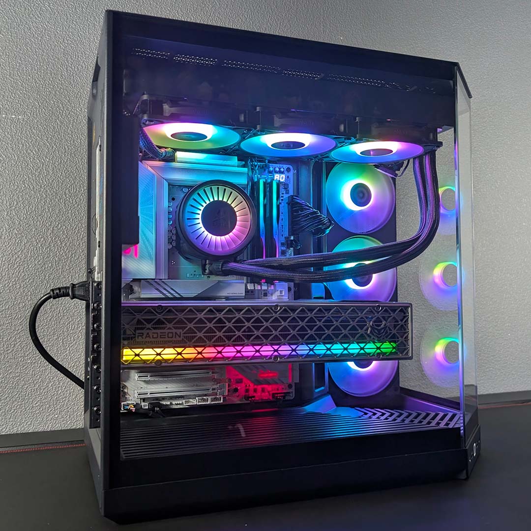 A side view of the Hyte Y50 RGB with a complete system inside.