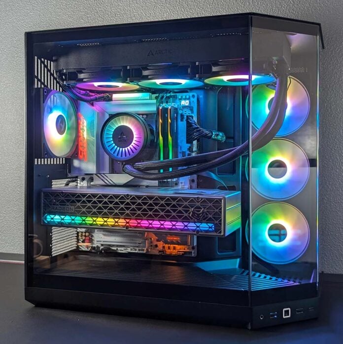 A side view of the Hyte Y50 RGB with a complete system inside.