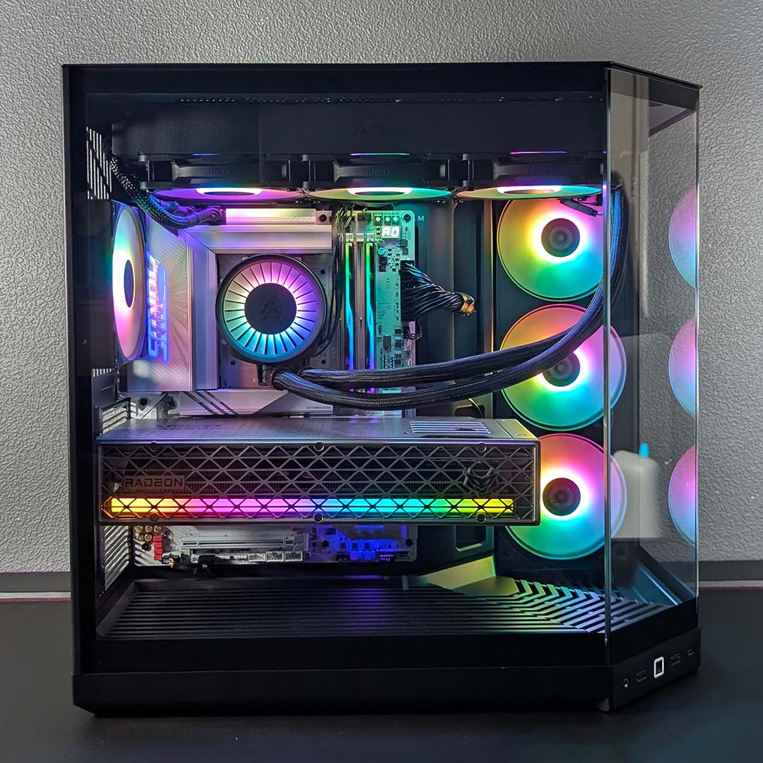 A side view of the Hyte Y50 RGB with a complete system inside.