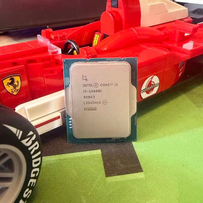 Intel Core i5-14600K CPU next to a Lego Ferrari F1 car