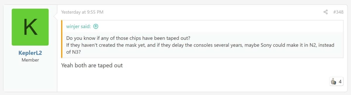 KeplerL2 on the Neogaf forums says both the PS6 and Xbox Helix chips are taped out