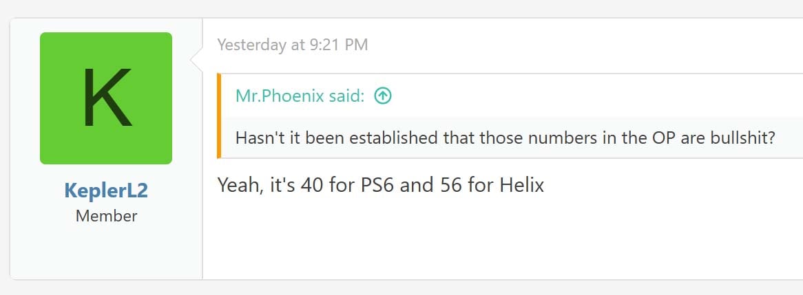 KeplerL2 on the Neogaf forums describes performance for PS6 at 40 TFLOPS, while Xbox Helix is faster at 56.
