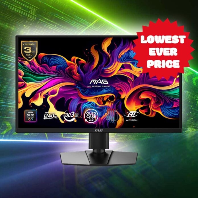 An MSI MAG 272QP X24 QD-OLED gaming monitor, surrounded by a white glow, with a 'lowest ever price' sticker on top of it.