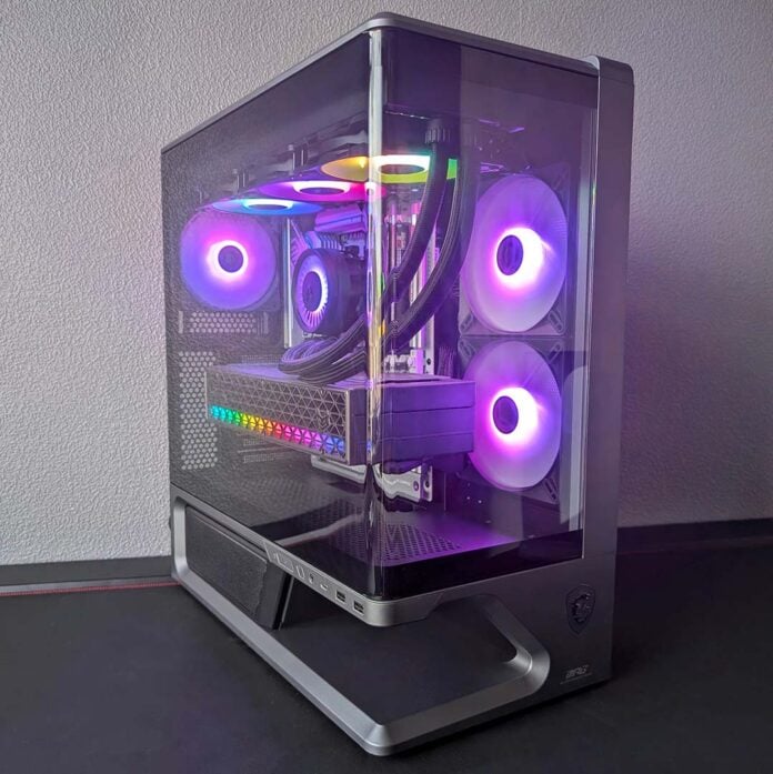A front-side view of the MSI MPG Vixta 300R PZ, with a complete system inside it.
