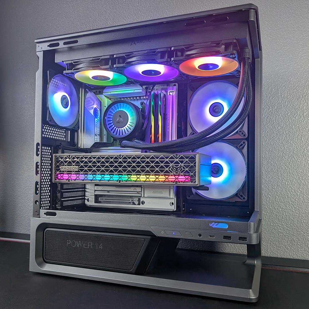 A bottom-side view of the MSI MPG Vixta 300R PZ, with a complete system inside it.