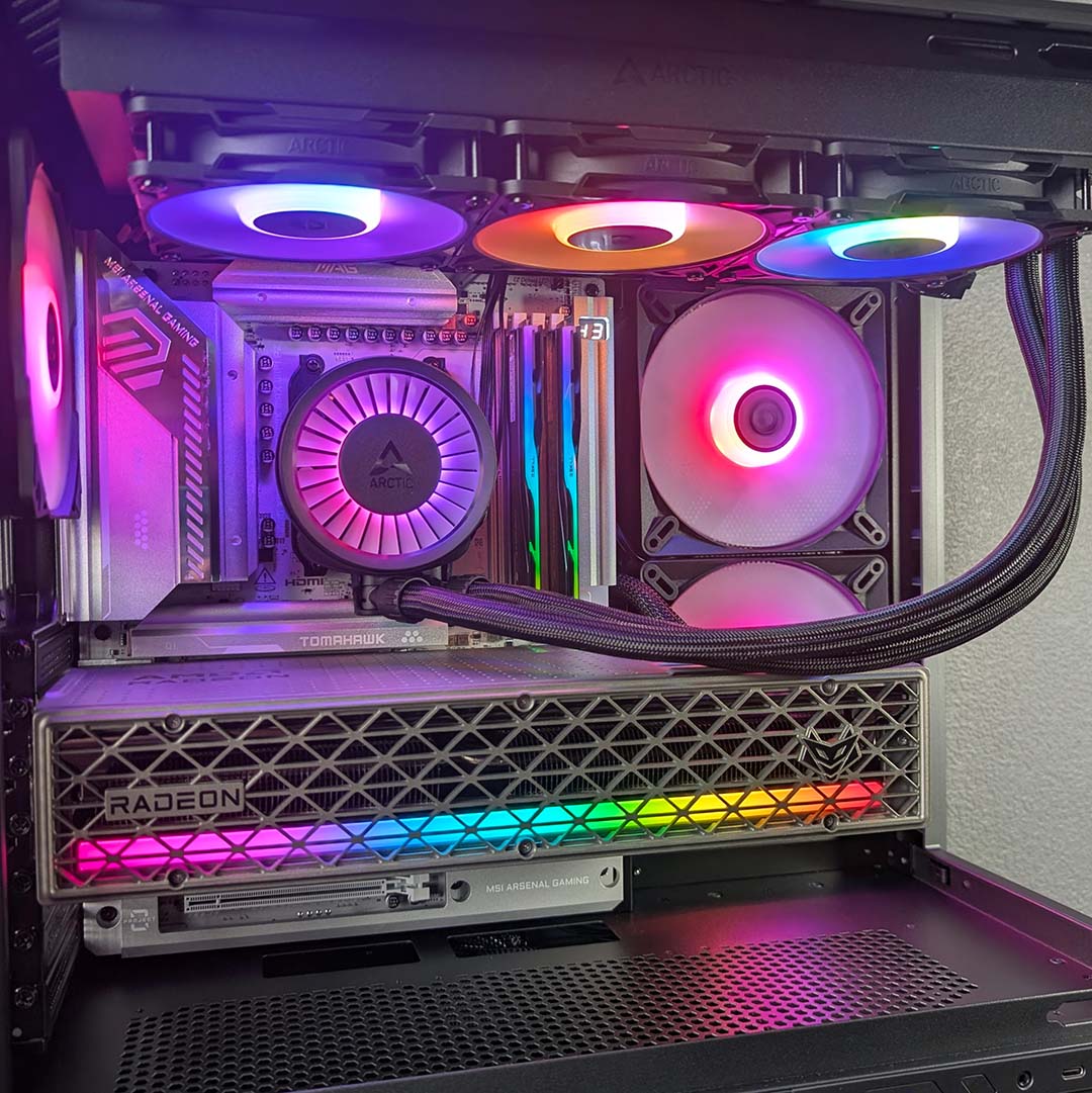A close-up view of the MSI MPG Vixta 300R PZ, with a complete system inside it.