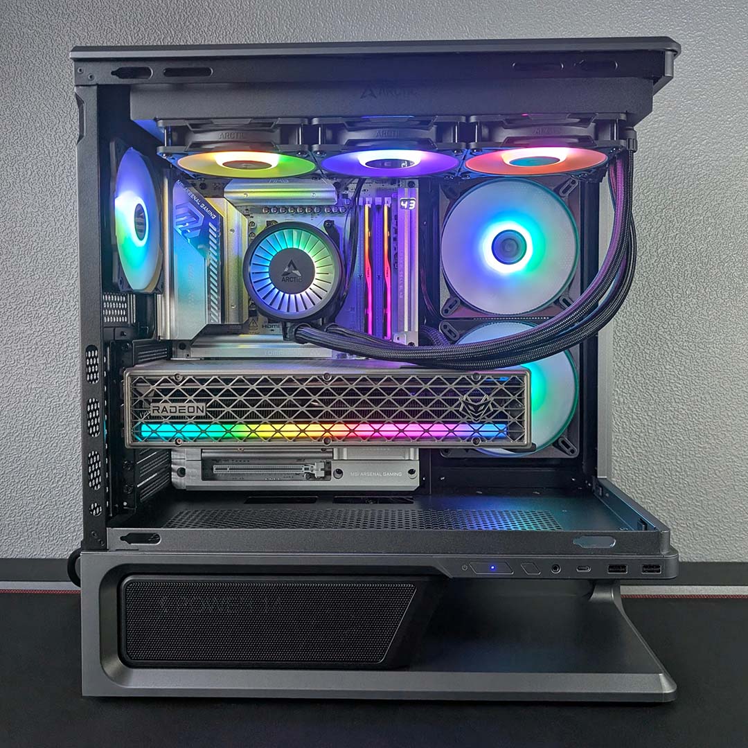 A side view of the MSI MPG Vixta 300R PZ, with a complete system inside it.
