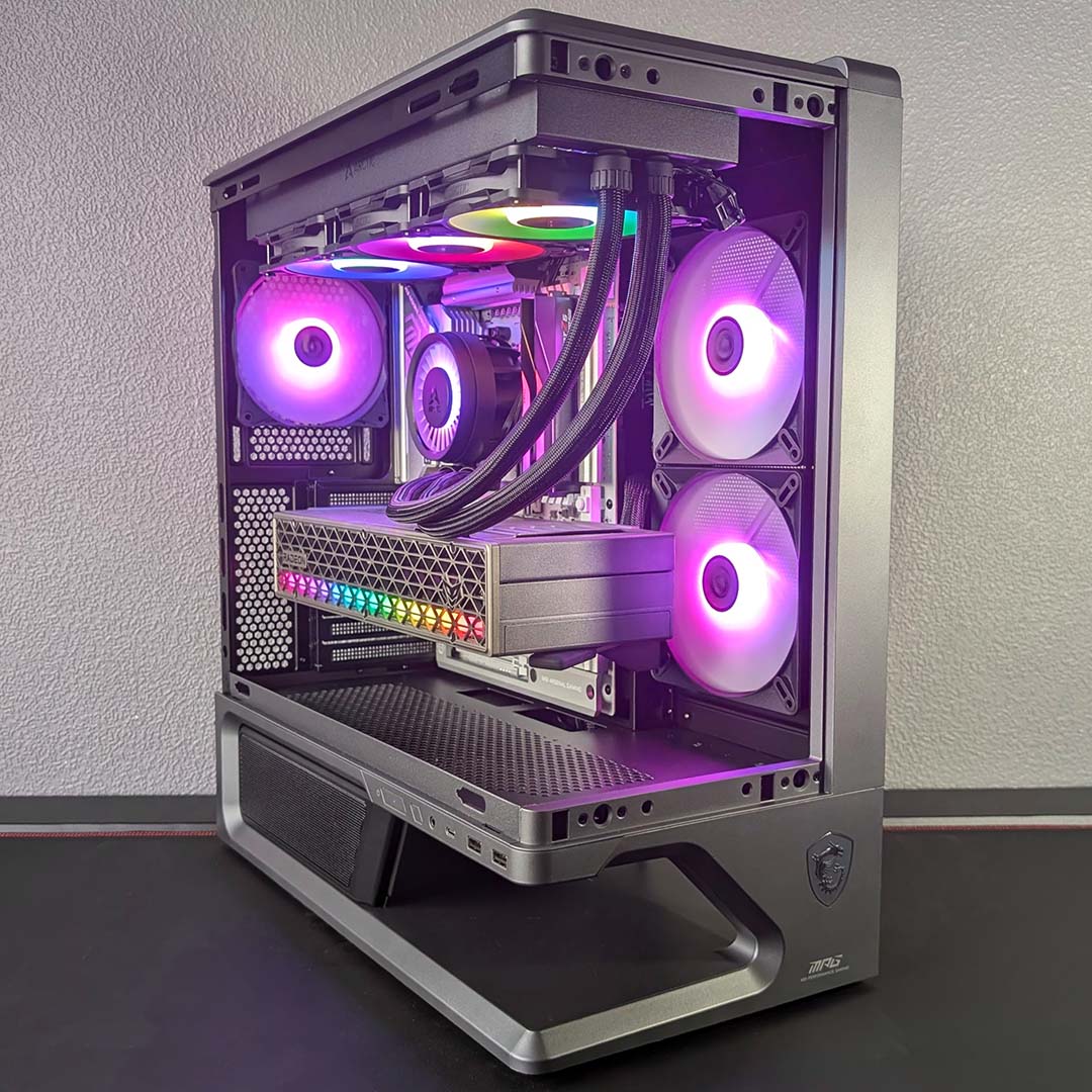 A front-side view of the MSI MPG Vixta 300R PZ, with a complete system inside it.