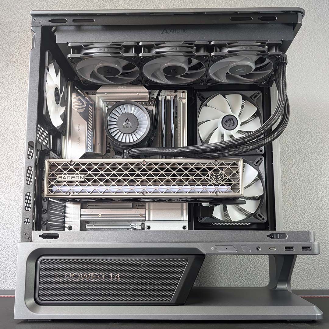 A bottom-up view of the MSI MPG Vixta's side, with a complete system inside it.