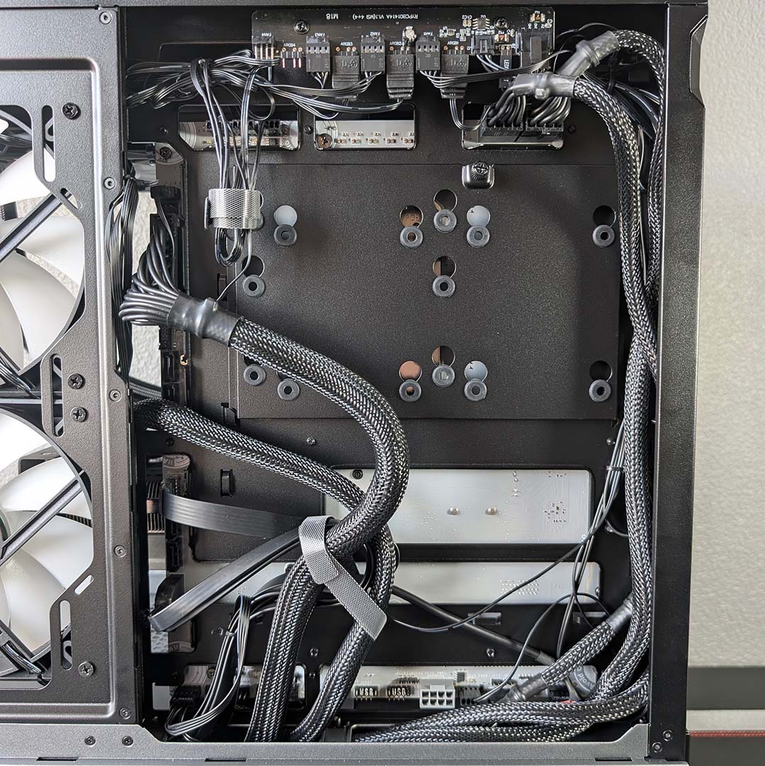 A close-up of cable management in the MSI MPG Vixta 300R PZ.