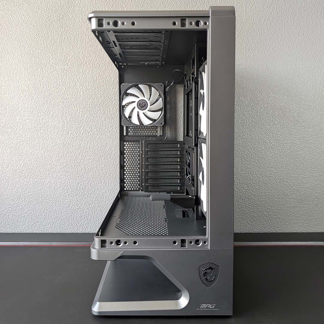A front view of the MSI MPG Vixta 300R PZ, glass panel removed.