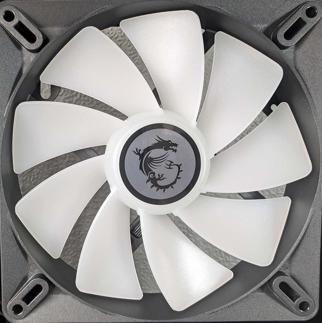 A close-up of one of the fans that comes with the MSI MPG Vixta 300R PZ.