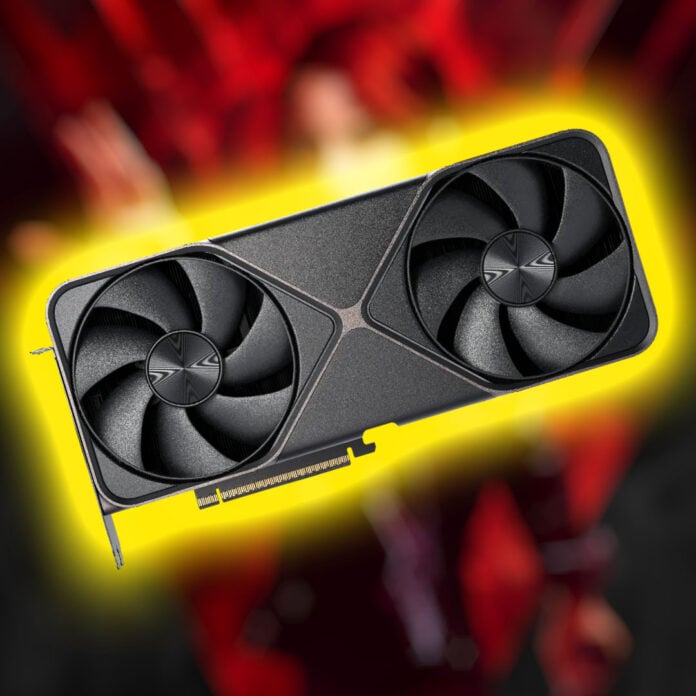 An Nvidia GeForce RTX 5090 Founders Edition, surrounded by a yellow glow, against a blurred background of Control key art.