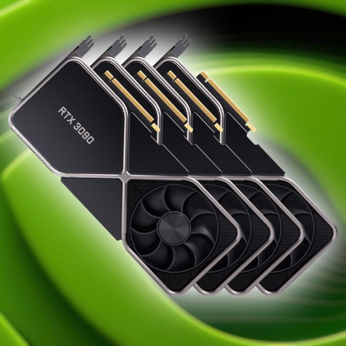 Four Nvidia GeForce RTX 3090 graphics cards stacked on top of one another, surrounded by a white glow, atop an Nvidia logo.