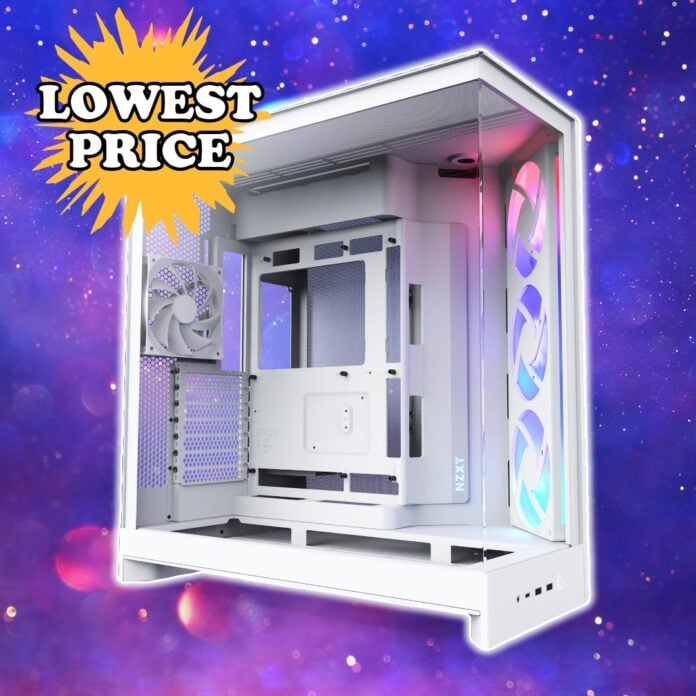 An NZXT H9 Flow RGB case, floating against a space-like background, with a 'Lowest Price' sticker on top of it.
