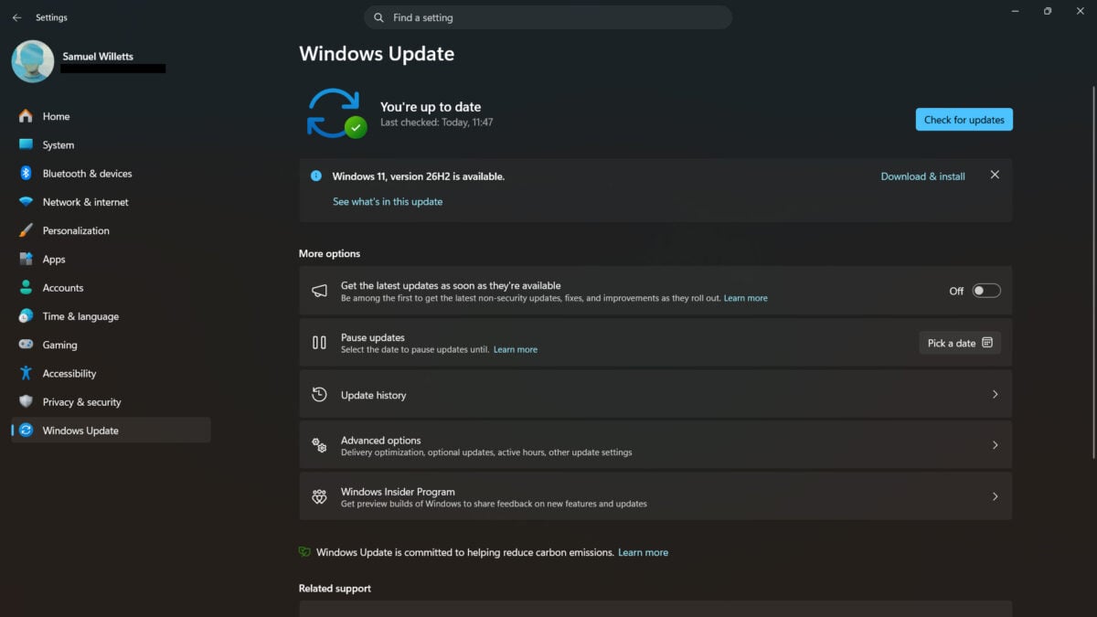 A screenshot of Windows Update, with the option to upgrade to Windows 11 26H2.
